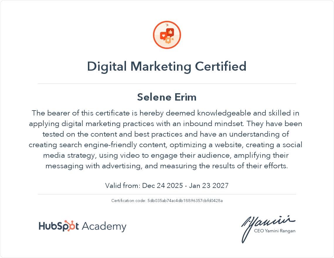 Сертификат HubSpot Academy: Digital Marketing